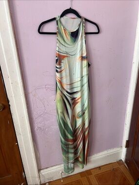 Sleeveless Abstract Print Maxi Dress in Green and Brown